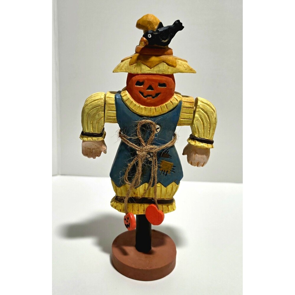 Halloween Scarecrow Pumpkin Head  w/ Crow Hat Wood Figurine 8 in